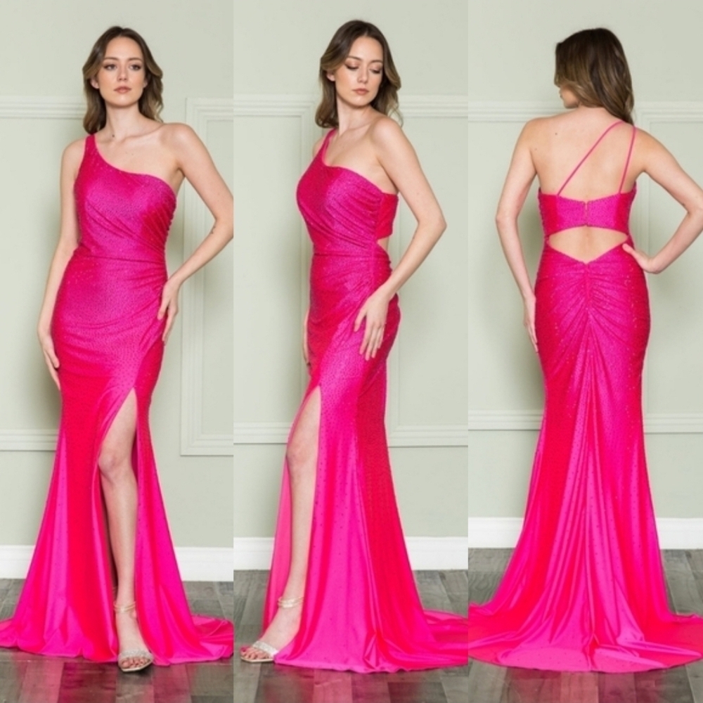 Ed Young Hot Pink Fitted One Shoulder Rhinestone Gown
